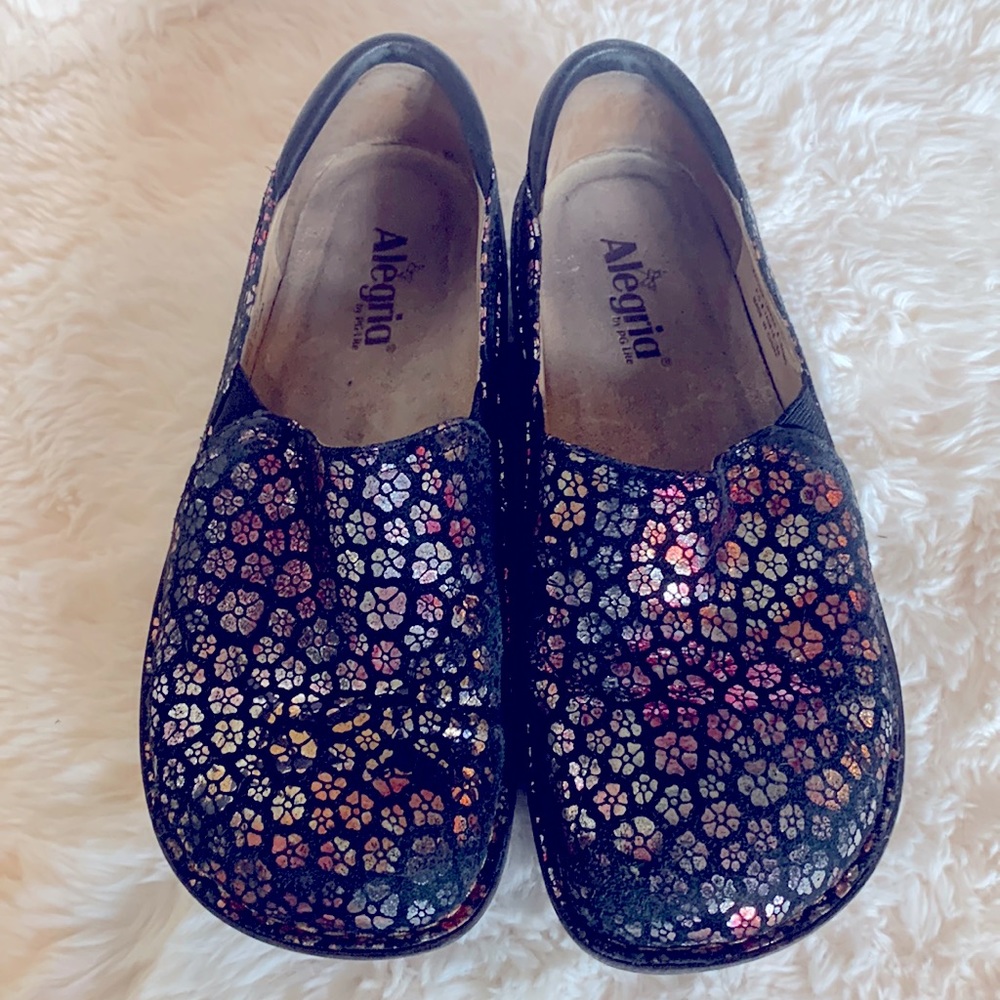 Alegria Pink-on-Black Metallic Floral Clog size 40